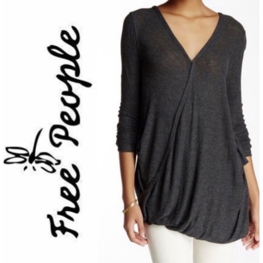 We The Free People Miss Rose Surplice Wrap Top Dark Grey Size Small Oversized - Picture 2 of 8
